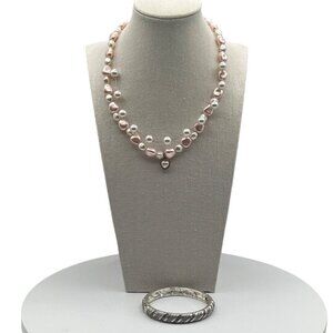 Pink & White Faux Pearl Bead Necklace With Heart Charm & Silver Tone Bangle